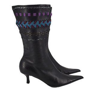 Nine West Studio Briallen Black Leather Mid Calf Point Toe Kitten Heel Boots